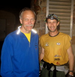 Stan congratulates Karl Meltzer at the finishe